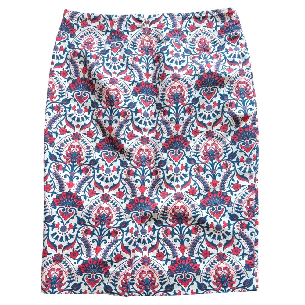 LOFT Damask Floral Pencil Skirt Blue Pink White Cotton Stretch 00/XXS; 28" Waist